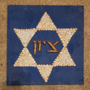 Handmade Star of David Shell Art on Blue Wood